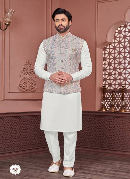 White Multi Colour Function Wear Art Banarasi Silk Mens Modi Jacket Kurta Pajama Wholesale Market In Surat 2389