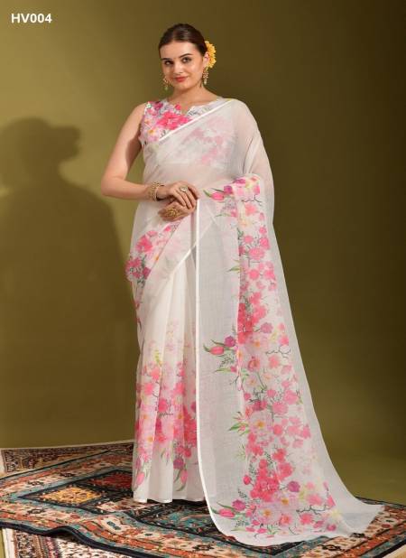 White Multi Colour Linen Jumka Vol 2 By Fashion Berry Printed Sarees Exporters In India HV004