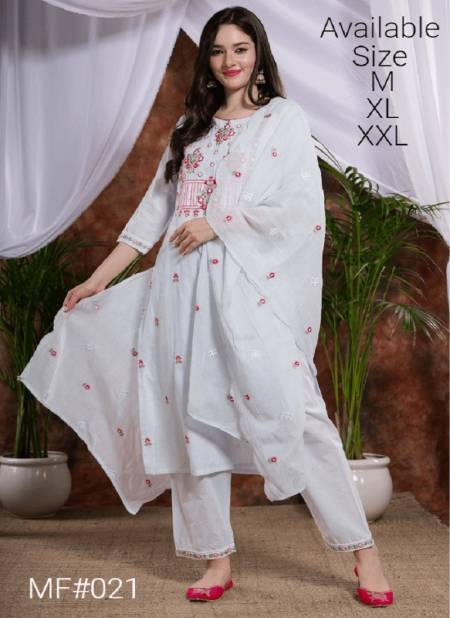 White Multi Colour Mesmora Heavy Embroidered Printed Cotton Kurti With Bottom Dupatta Surat Wholesale Market MF021