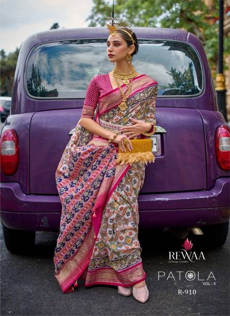 White Multi Colour Patola Vol 5 By Rewaa Printed Silk Wedding Saree Exporters in India R-910