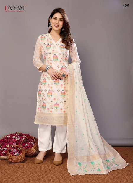 White Multi Colour Sadhna By Divyam Chanderi Cotton Designer Kurtis With Bottom Dupatta Exporters In India 125