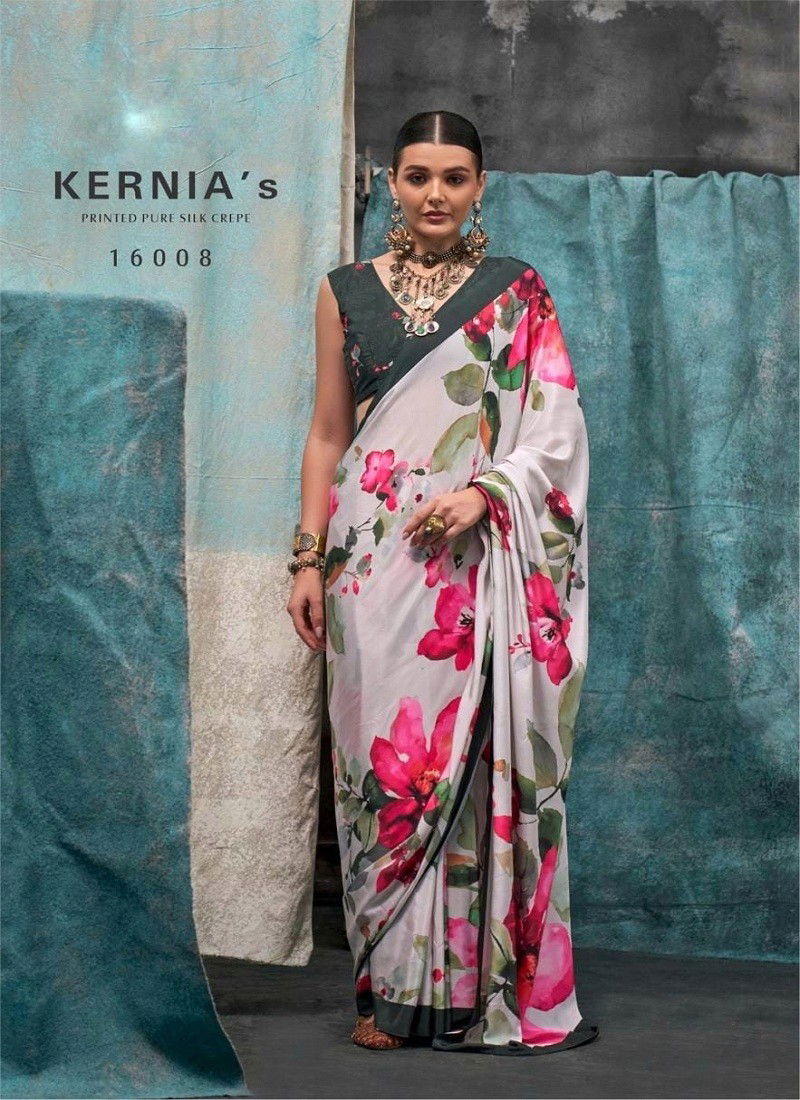 White Multi Colour kernias By Rajbeer Crepe Silk Printed Saree Suppliers In India 16008