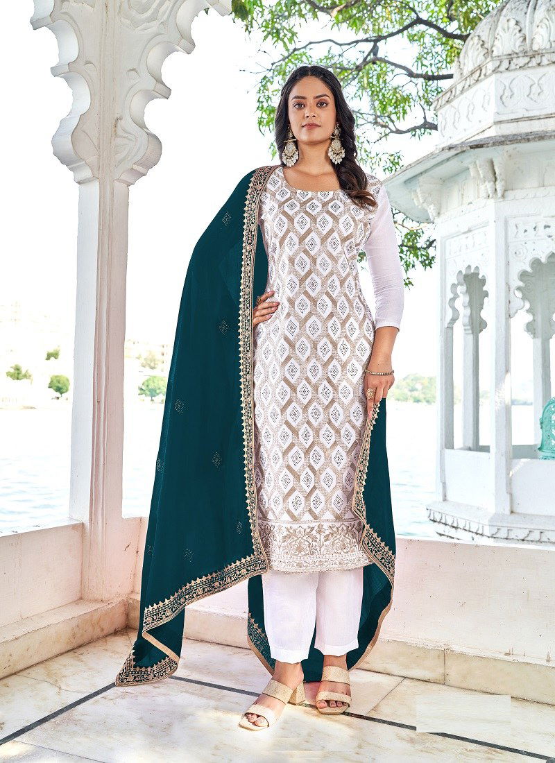 White Rama Colour Dherya Vol 42 By Rahi Embroidery Blooming Vichitra Salwar Kameez Wholesale Online 282 B