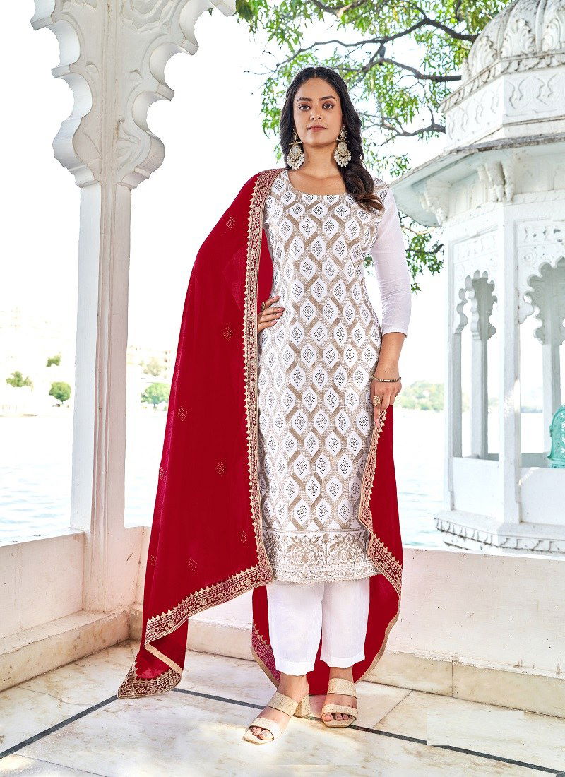 White Red Colour Dherya Vol 42 By Rahi Embroidery Blooming Vichitra Salwar Kameez Wholesale Online 282 A