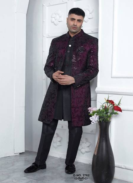 Wine And Black Colour 1641 Party Wear Indo Western Mens Jacket Set Exporters In India 2762