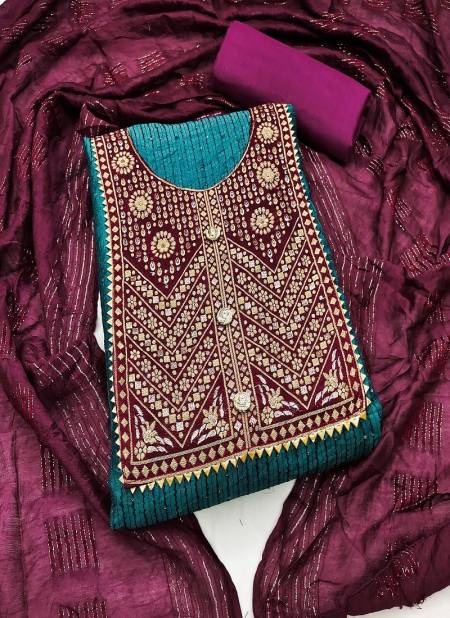 Wine And Blue Colour Cross Head Banarasi Gala Cotton Dress Material Catalog 7