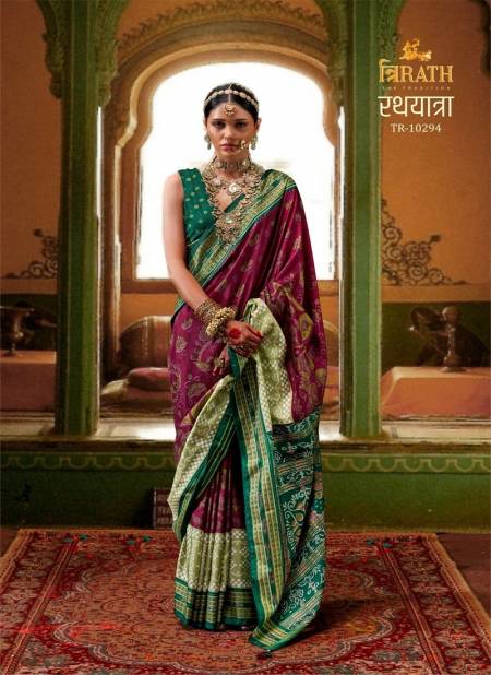 Wine And Green Colour Rathyatra By Trirath Mercerizer Sigma Silk Printed Saree Exporters In India 10294