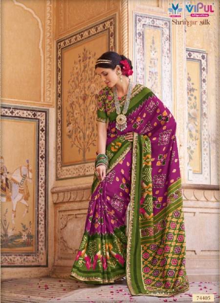 Wine And Green Colour Shringar Silk By Vipul Patola Silk Embroidery Lace Work Designer Saree Catalog 74405