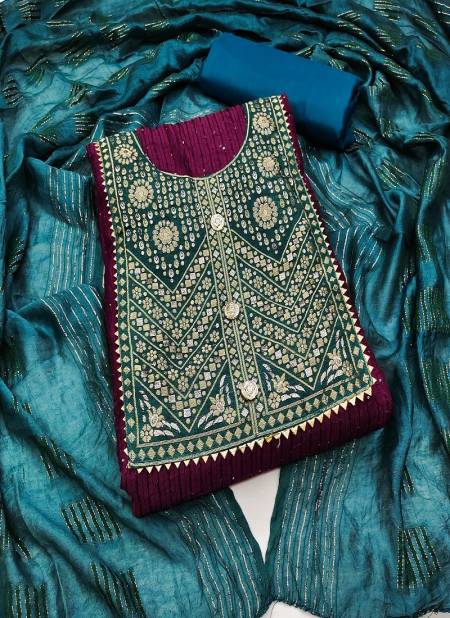 Wine And Teal Blue Colour Cross Head Banarasi Gala Cotton Dress Material Catalog 8