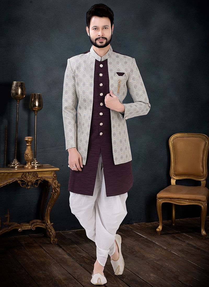 Wine And White Wedding Wear Mens Wholesale Indo Western 1698