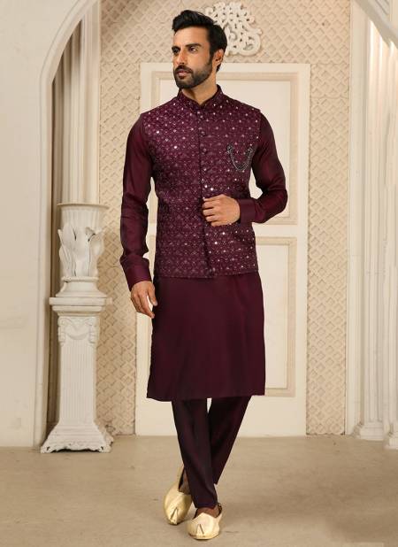 Wine Colour Function Wear Wholesale Kurta Pajama With Jacket Collection 1374