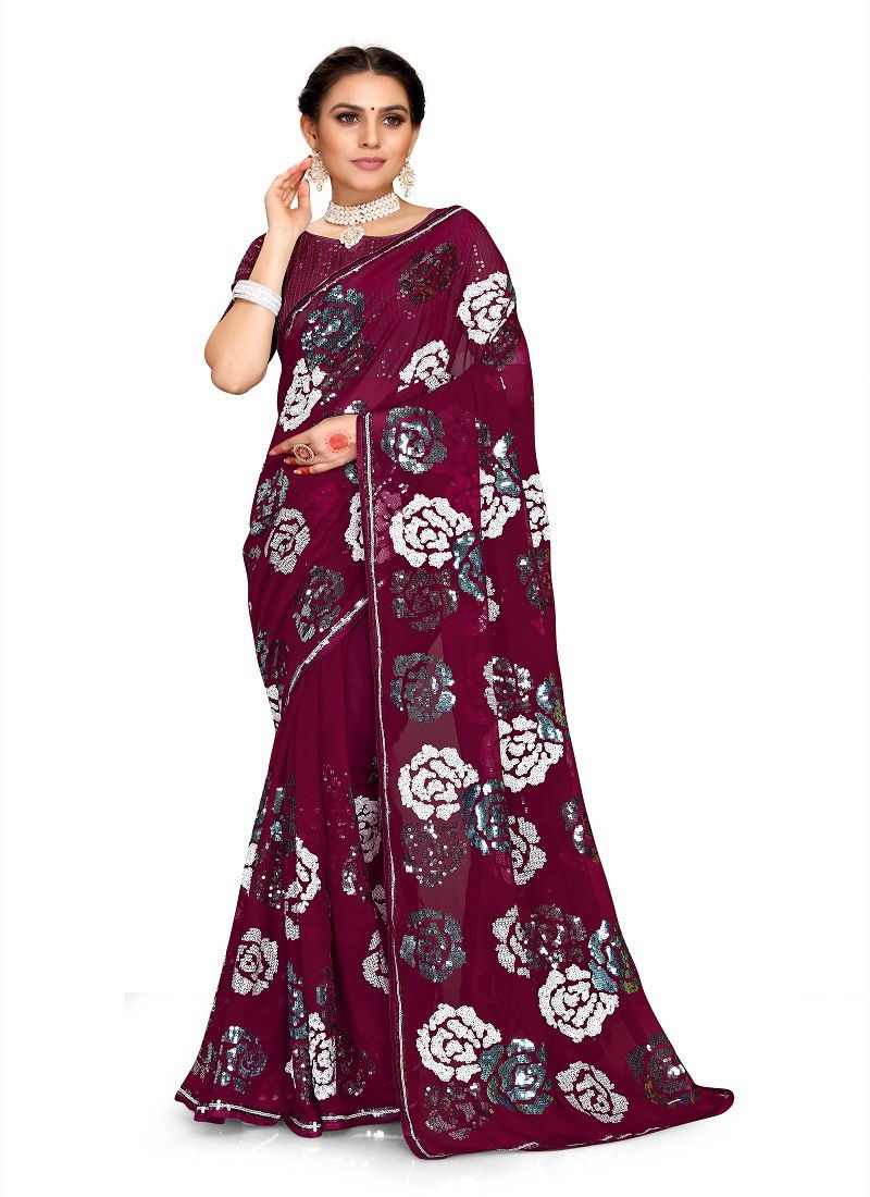 Wine Colour Armani By Utsav Nari Georgette Embroidery Saree Orders In India 2364