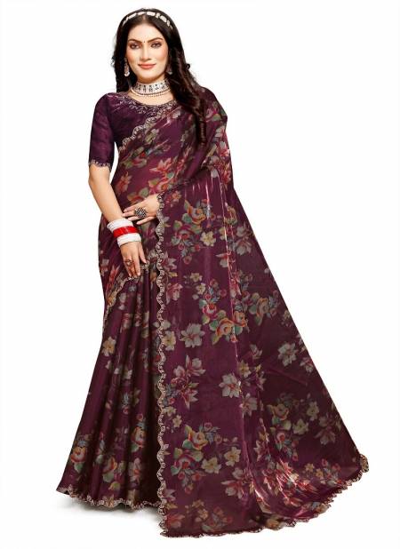 Wine Colour Crystal Digital By Nari Fashion Floral Organza Silk Saree Wholesale Online 7794