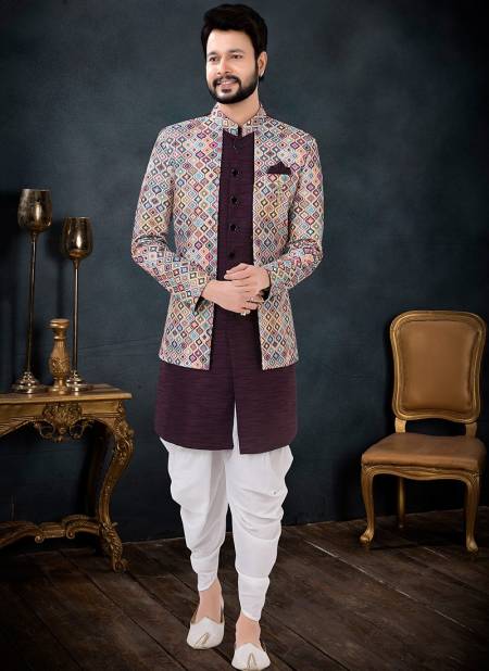 Wine Colour Function Wear Mens Wholesale Indo Western 1707