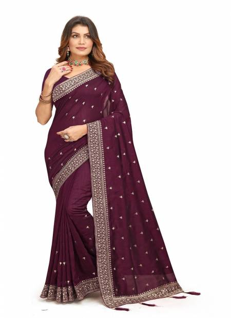 Wine Colour Heritage By Utsav Nari Vichitra Blooming Embroidery Saree Wholesalers In Delhi 2376