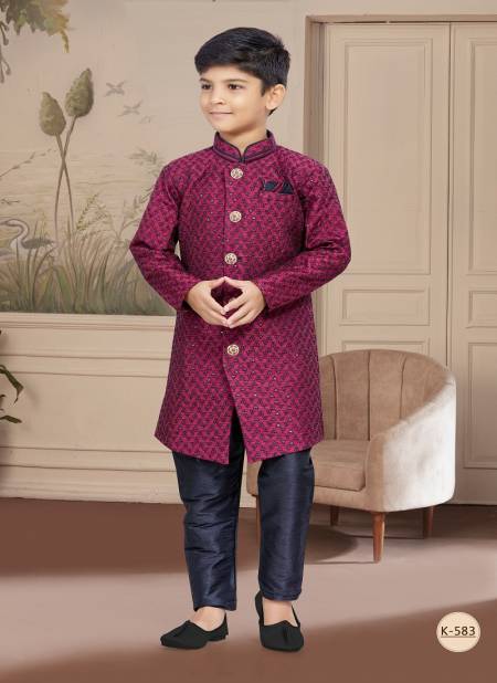 Wine Colour Kids Boys Wear Kurta Pajama And Indo Western Catalog K 583