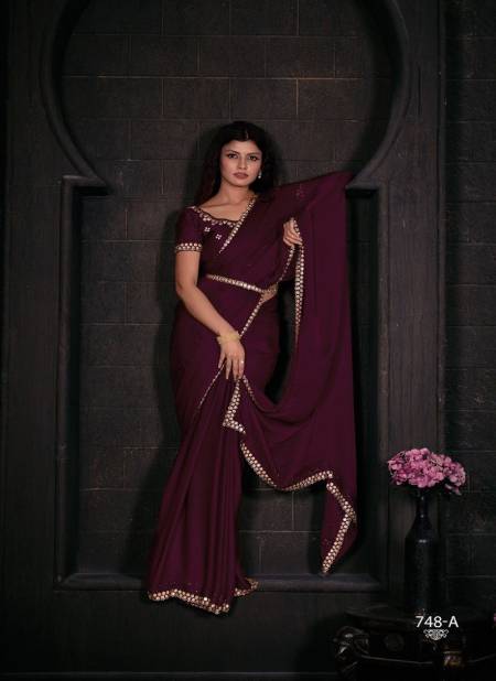 Wine Colour Mehek 748 A TO F Pure Satin Georgette Party Wear Saree Wholesale Price In Surat 748-A
