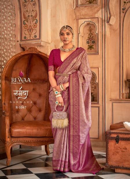 Wine Colour Narmada By Rewaa Banarasi Silk Designer Saree Catalog R 1047