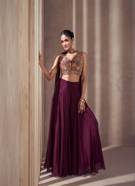Wine Colour Nisha By Sayuri Designer Chinon Silk Readymade Suits Exporters In India 5487