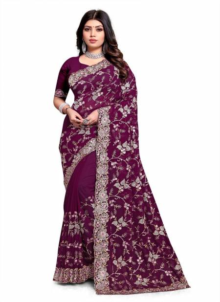 Wine Colour Pre Wedding 2221 To 2227 By Utsav Nari Heavy Resham And Jari Embroidery Georgette Party Wear Saree Manufacturers 2226
