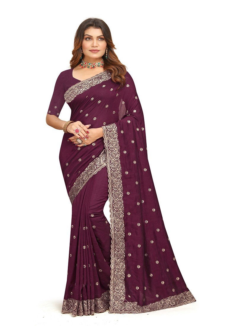 Wine Colour Premium By Utsav Nari Vichitra Blooming Embroidery Saree Exporters In India 2386