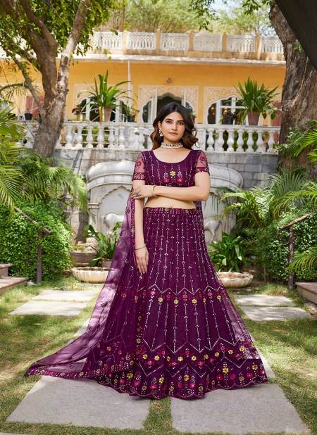 Wine Colour SS 158 Wedding Wear Embroidery Soft Net Lehenga Choli Exporters In India 1892