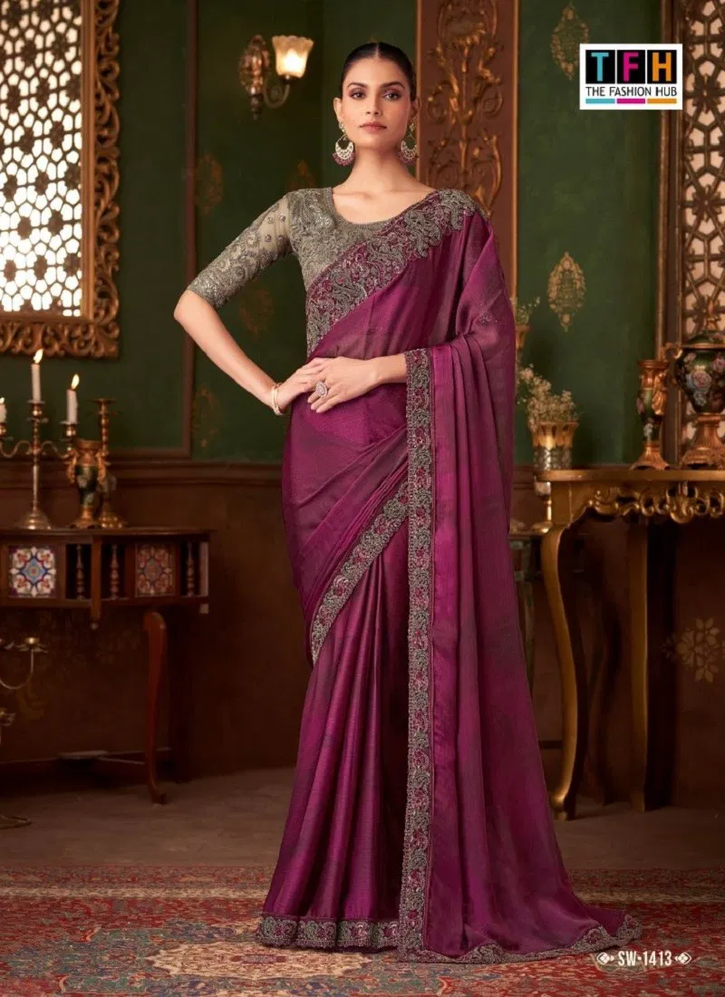 Wine Colour Sandalwood Vol 14 By TFH Designer Party Wear Saree Wholesale Online SW 1413