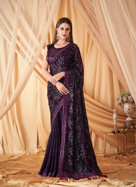 Wine Colour Sparkle 4 TFH New Latest Georgette Designer Party Wear Saree Suppliers In India SPA-7608