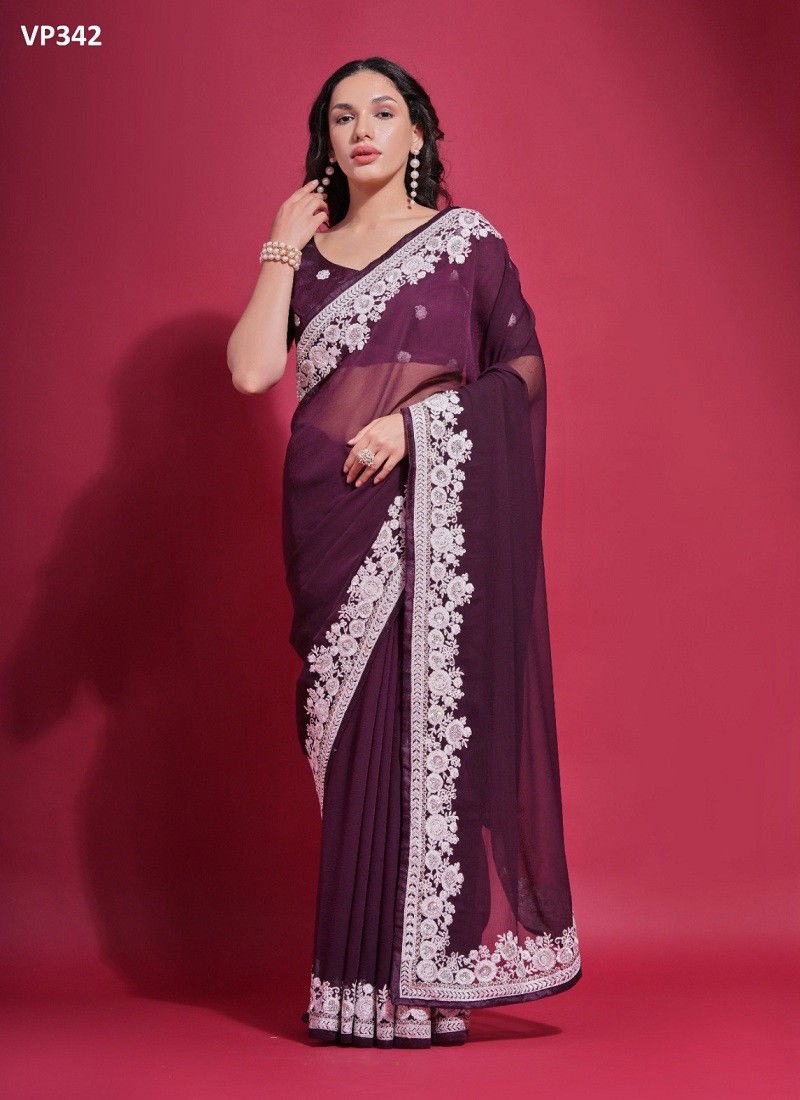 Wine Colour Sundari White By Fashion Berry Georgette Saree Wholesalers In Delhi VP342