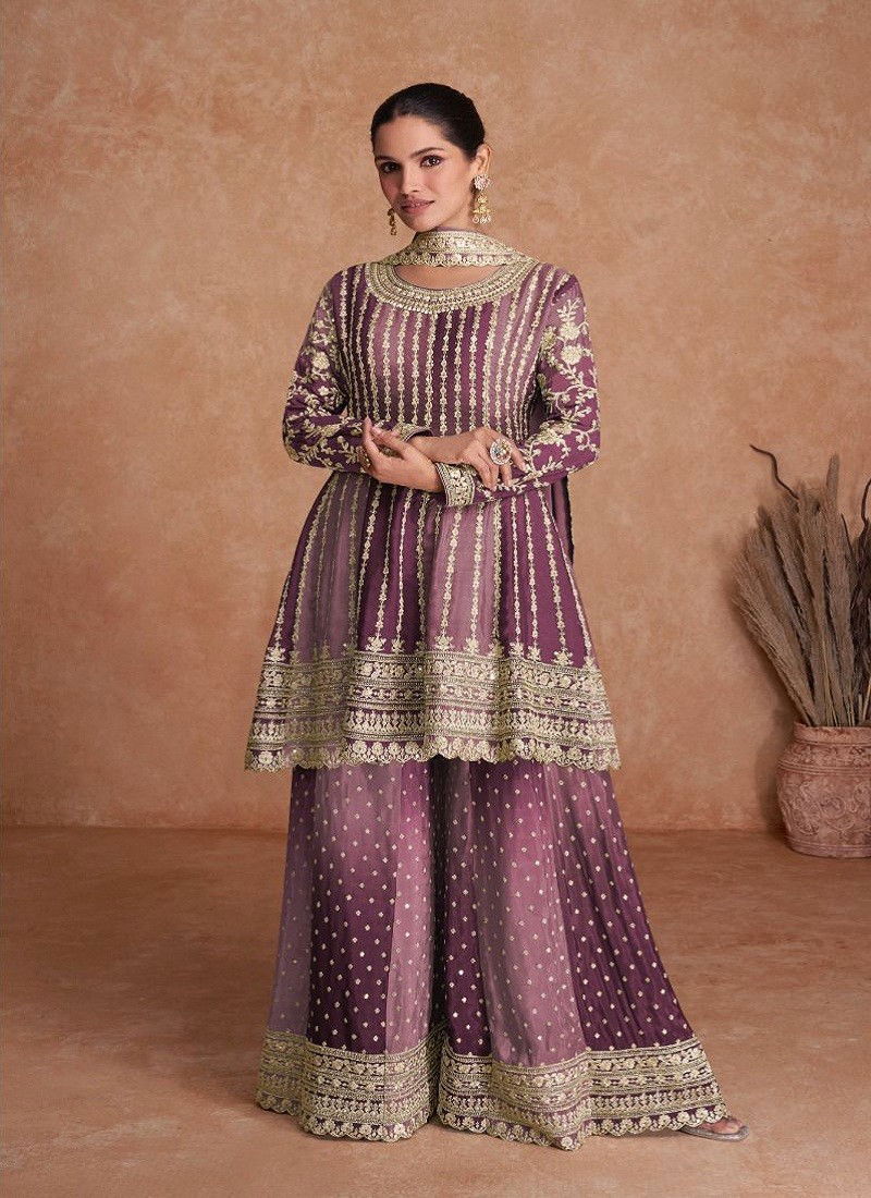 Wine Colour Vaani Vol 2 By Gulkayra Real Chinon Sharara Readymade Suits Exporters In India 7407-N