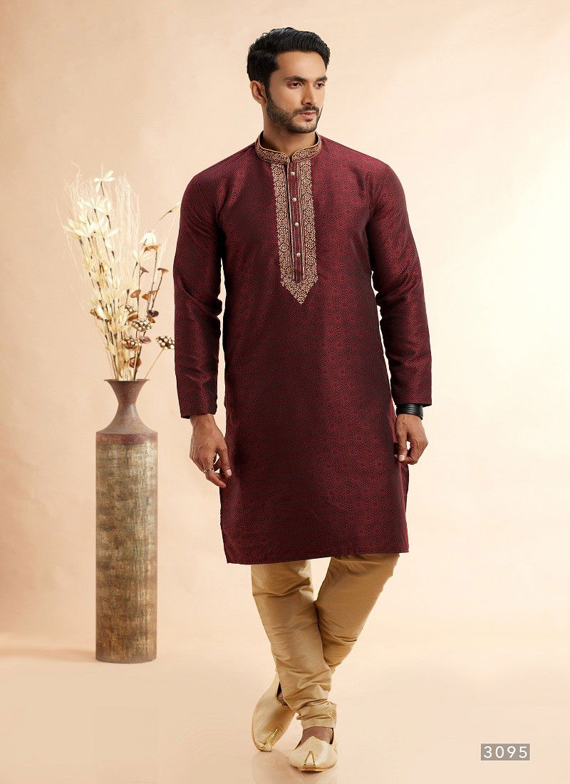 Wine Colour Vol 93 Occasion Wear Jaquard Art Silk Mens Kurta Pajama Wholesale Online 3095