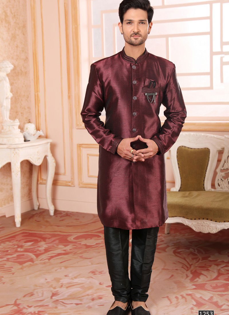 Wine Colour Wedding Wear Mens Wholesale Indo Western Catalog 1253