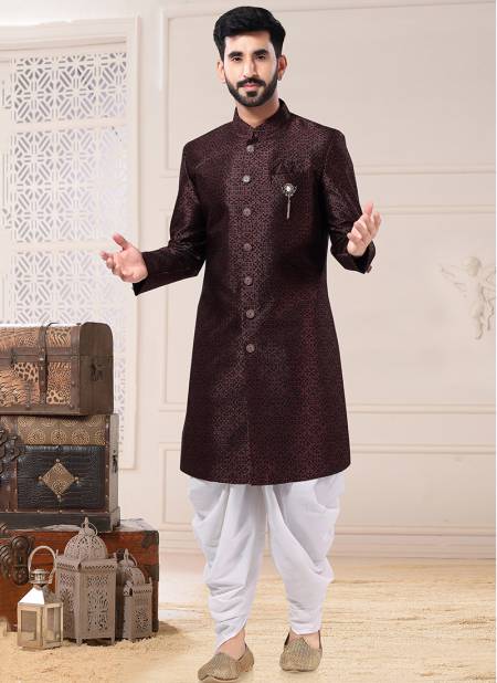 Wine Colour Wedding Wear Mens Wholesale Indo Western Catalog 1745