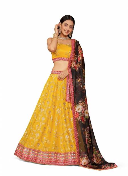Yellow And Black Colour Golden Palm By Zeel Clothing Georgette Lehenga Choli Wholesale Online 8001