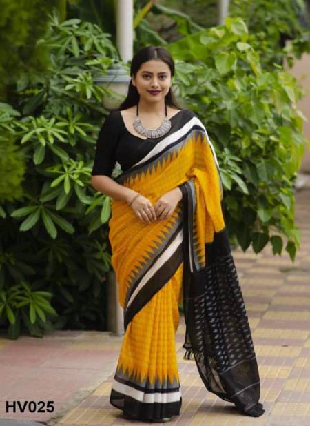 Yellow And Black Colour Linen Jumka Vol 2 By Fashion Berry Printed Sarees Exporters In India HV025