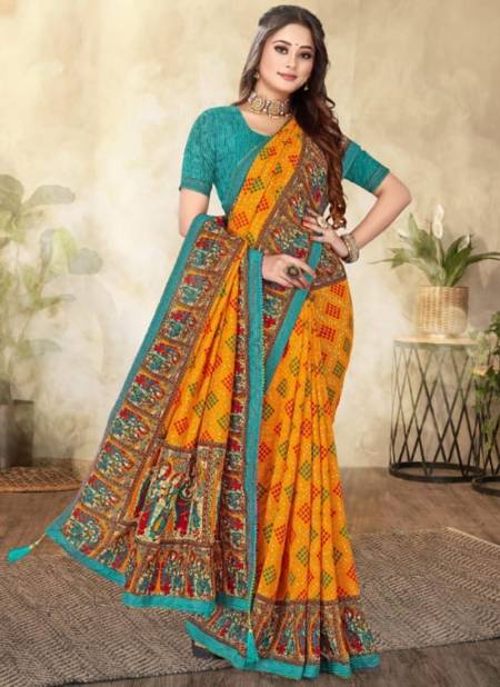 Yellow And Blue Colour Srivalli Wholesale Printed Daily Wear sarees Catalog 12004