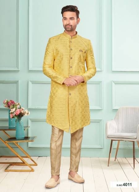 Yellow And Gold Colour GS Fashion Function Wear Mens Designer Indo Western Exporters In India 4011
