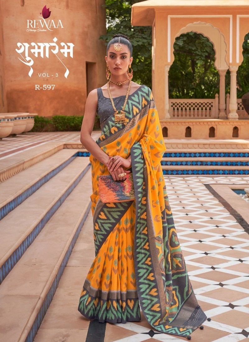 Yellow And Gray Colour Shubharambh Vol 3 By Rewaa Printed Saree Catalog 597