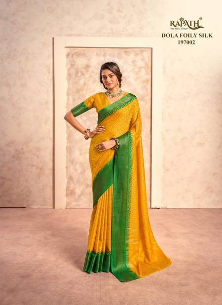 Yellow And Green Colour Cello Silk By Rajpath Occasion Printed Soft Dola Foil Silk Saree Exporters In India 197002