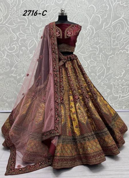 Yellow And Maroon Colour 2716 A To 2716 C by Anjani Art Velvet Embroidery Bridal Wholesale Lehenga Choli In India 2716-C