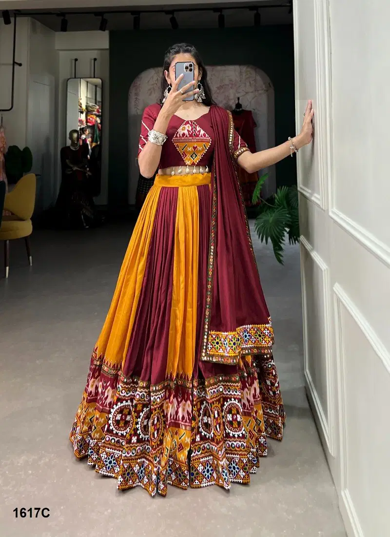 Yellow And Maroon Colour Aawiya 1617 Colours Rayon Printed Navaratri Lehenga Choli Wholesalers In Delhi 1617 C