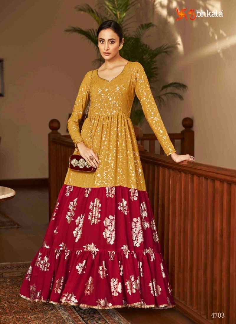 Yellow And Multi Colour Flory Vol 18 By Khushboo Shubhkala Georgette Anarkali Gown Catalog 4703