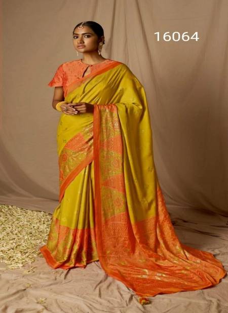 Yellow And Orange Colour Meera Soft Silk By Kimora Soft Brasso Silk Designer Saree Catalog P 16064