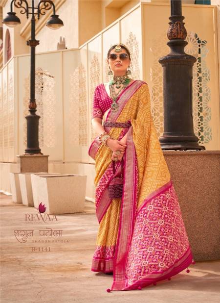 Yellow And Pink Colour Shagun Patola By Rewaa Silk Designer Saree Catalog R 1141