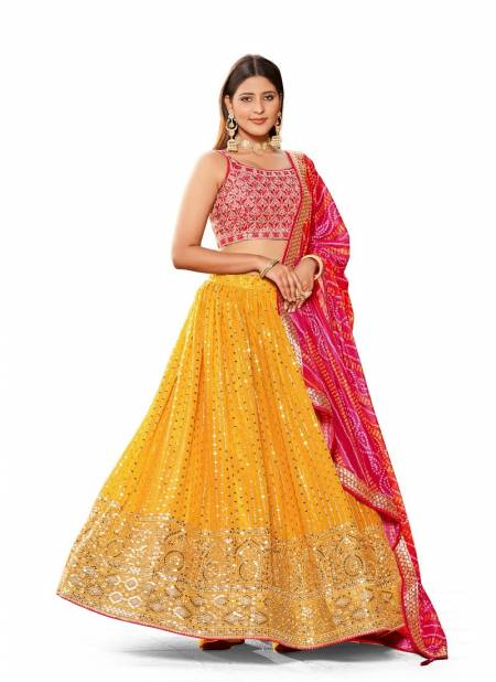 Yellow And Rani Colour Golden Palm By Zeel Clothing Georgette Lehenga Choli Wholesale Online 8011