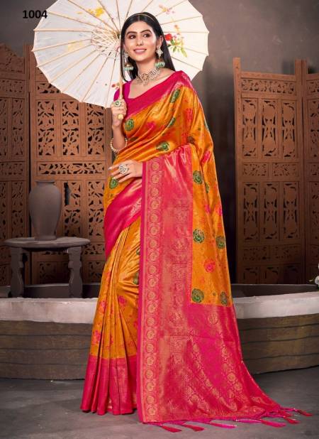 Yellow And Rani Colour Rajhans By Sangam Silk Saree Catalog 1004