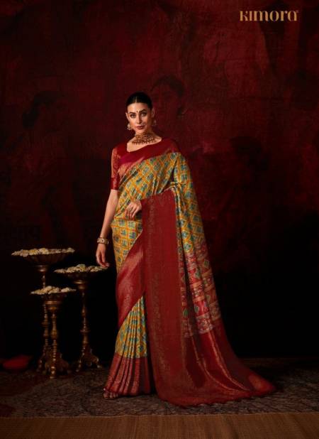 Yellow And Red Colour Lakshmi By Kimora Digital Printed Softy Silk Saree Wholesale In Delhi 2102