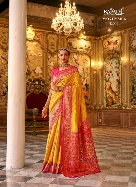 Yellow And Red Colour Sophia Silk By Rajpath Traditional Wear Banarasi Silk Weaving Saree Wholesalers In Delhi 420001