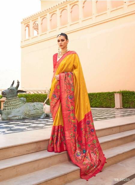 Yellow And Red Colour Swastik By Trirath Function Wear Designer Paithini Super P V Silk Saree Manufacturers 10250