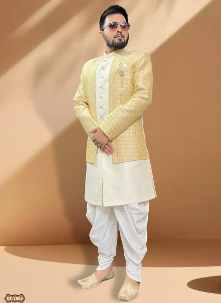 Yellow And White Colour Mens Wedding Wear Indo Western Catalog 1894